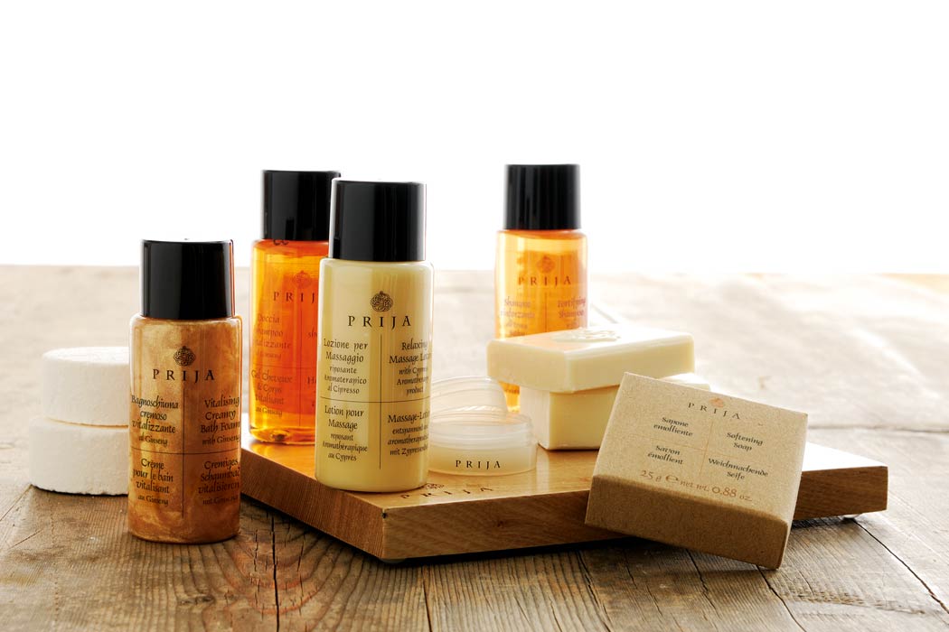 Prija hotel toiletries featuring miniature shower gels