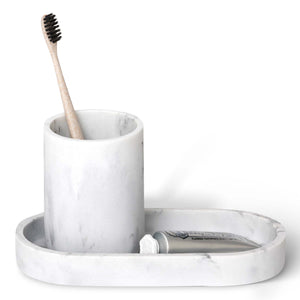 Bentley Azul small amenity tray in white marble with Toba amenity jar and toothbrush
