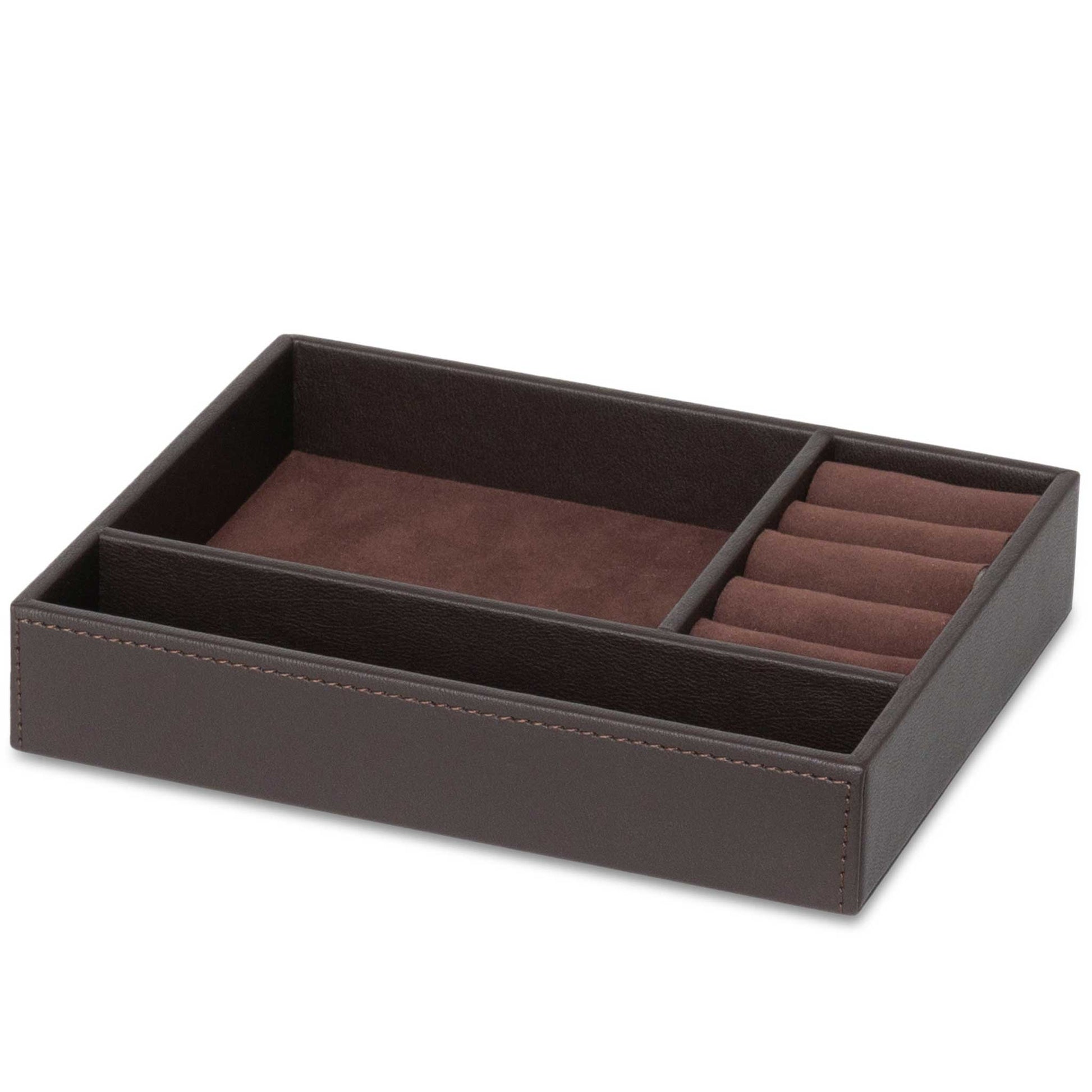Bentley Andros brown jewellery tray with jewellery cushions viewed from an angle