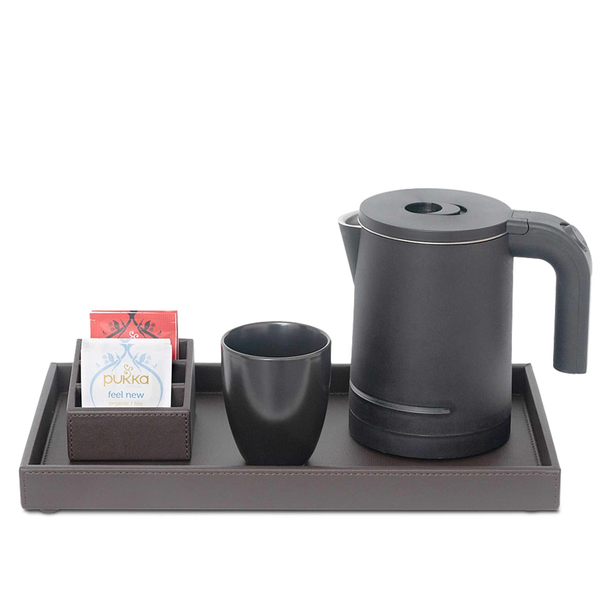 Hotel bedroom kettle tray with tea bag holder in brown leather