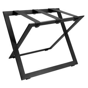 Roootz black steel compact hotel luggage rack with black leather straps