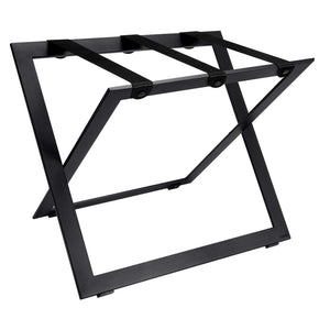 Roootz black steel compact hotel luggage rack with black nylon straps