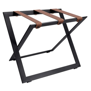 Roootz black steel compact hotel luggage rack with cognac brown leather straps