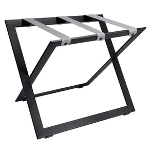 Roootz black steel compact hotel luggage rack with grey nylon straps