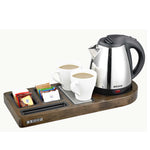 Corby Buckingham standard welcome tray in dark wood with Buckingham kettle and mugs