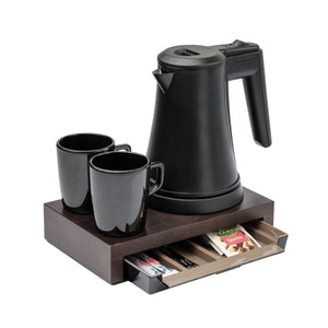 Bentley Canella mahogany welcome tray with black Coral kettle and mugs