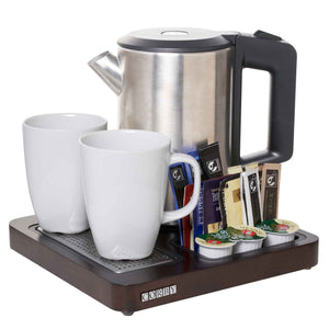 Corby canterbury compact welcome tray dark wood with Canterbury kettle and mugs