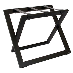 Roootz compact black wooden hotel luggage rack with black leather straps