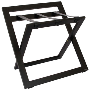 Roootz compact black wooden hotel luggage rack with black leather straps and backstand