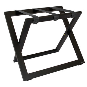 Roootz compact black wooden hotel luggage rack with black nylon straps