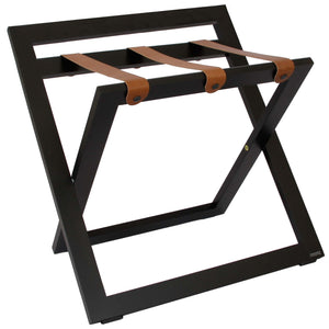 Roootz compact black wooden hotel luggage rack with brown leather straps and backstand
