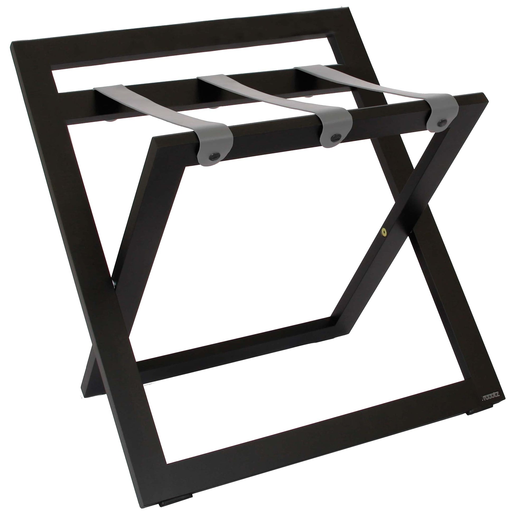 Roootz compact black wooden hotel luggage rack with grey leather straps and backstand