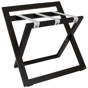 Roootz compact black wooden hotel luggage rack with grey nylon straps and backstand