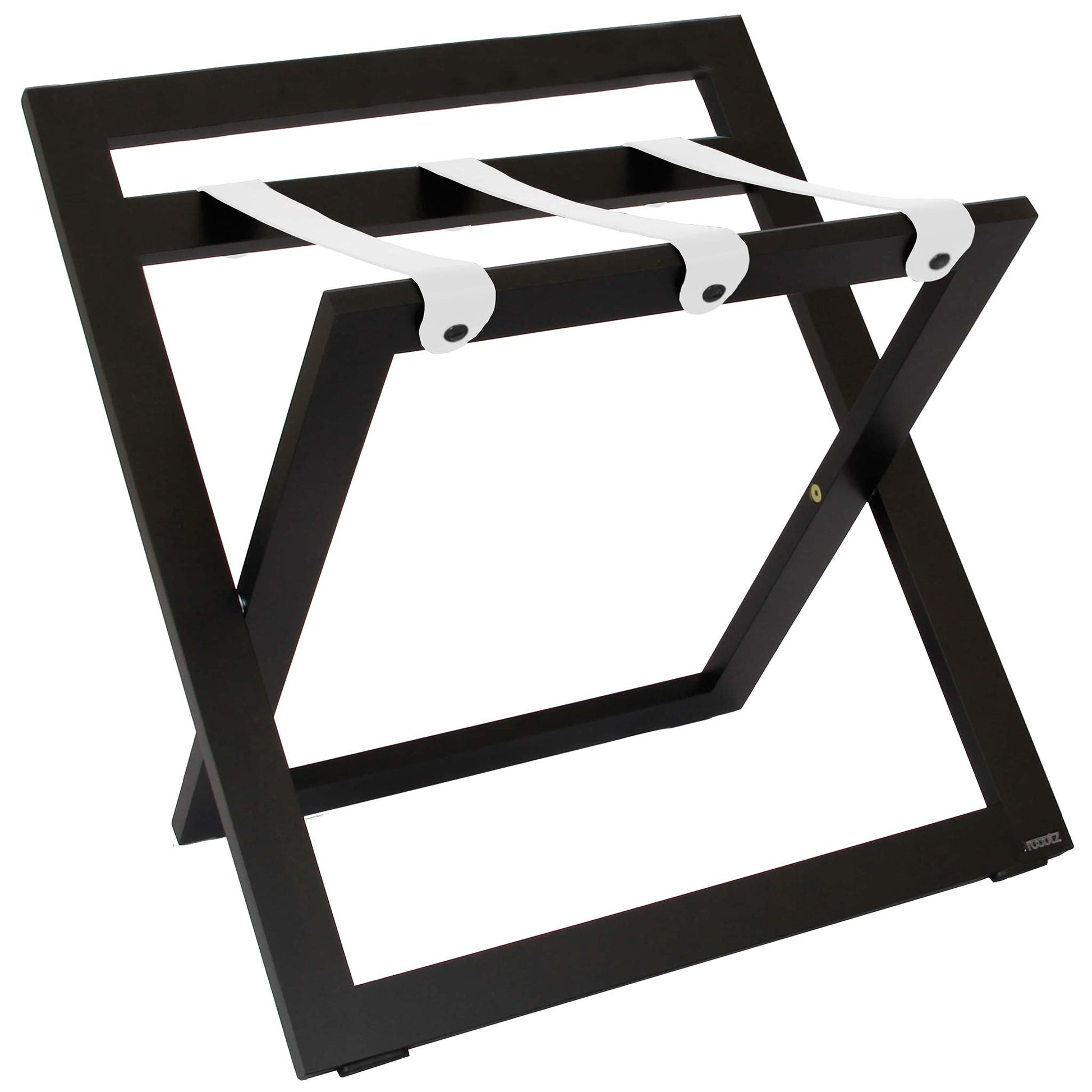 Roootz compact black wooden hotel luggage rack with white leather straps and backstand