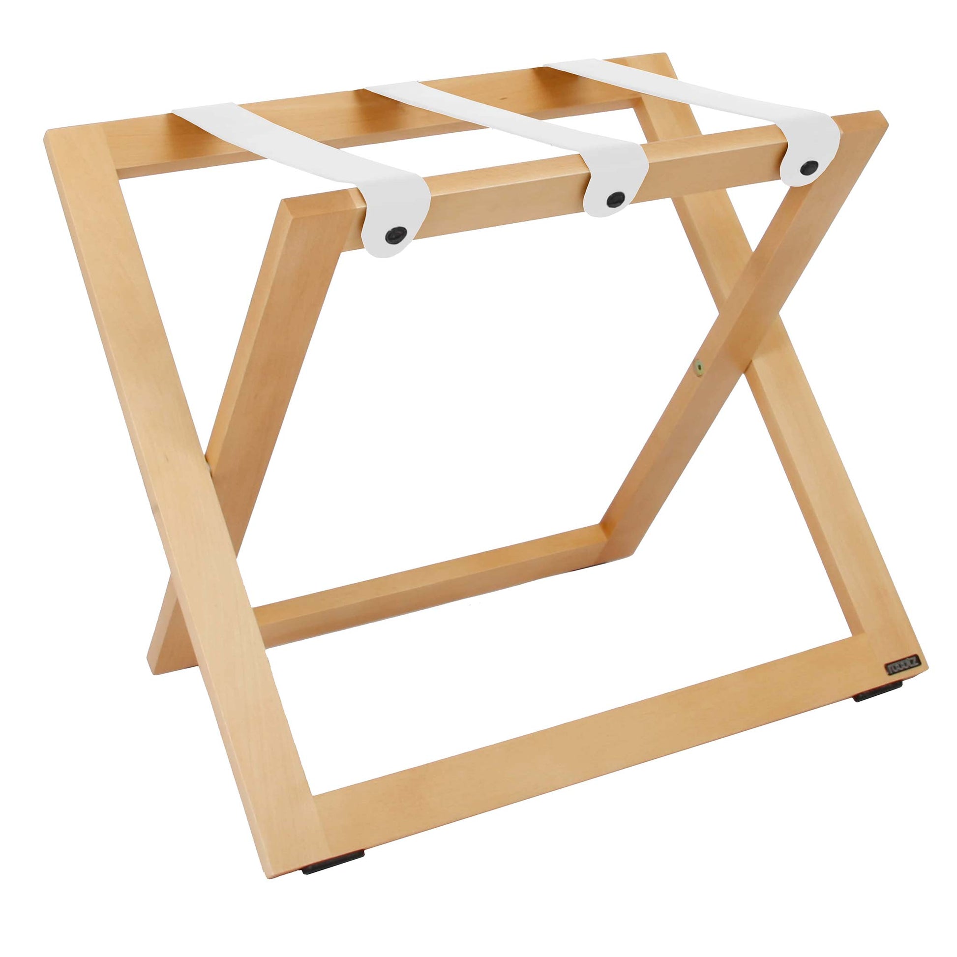 Roootz compact natural wooden hotel luggage rack with white leather straps