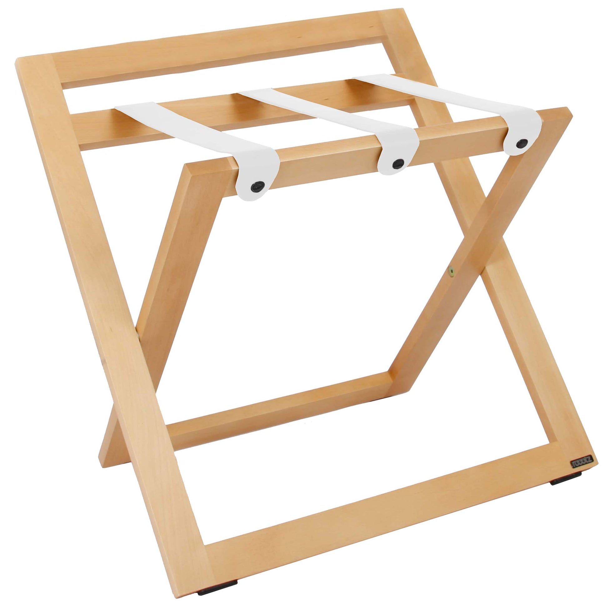 Roootz compact natural wooden hotel luggage rack with white leather straps and backstand