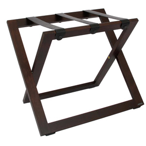 Roootz compact walnut wooden hotel luggage rack with black leather straps