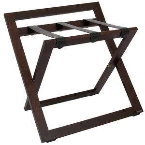 Roootz compact walnut wooden hotel luggage rack with black leather straps and backstand