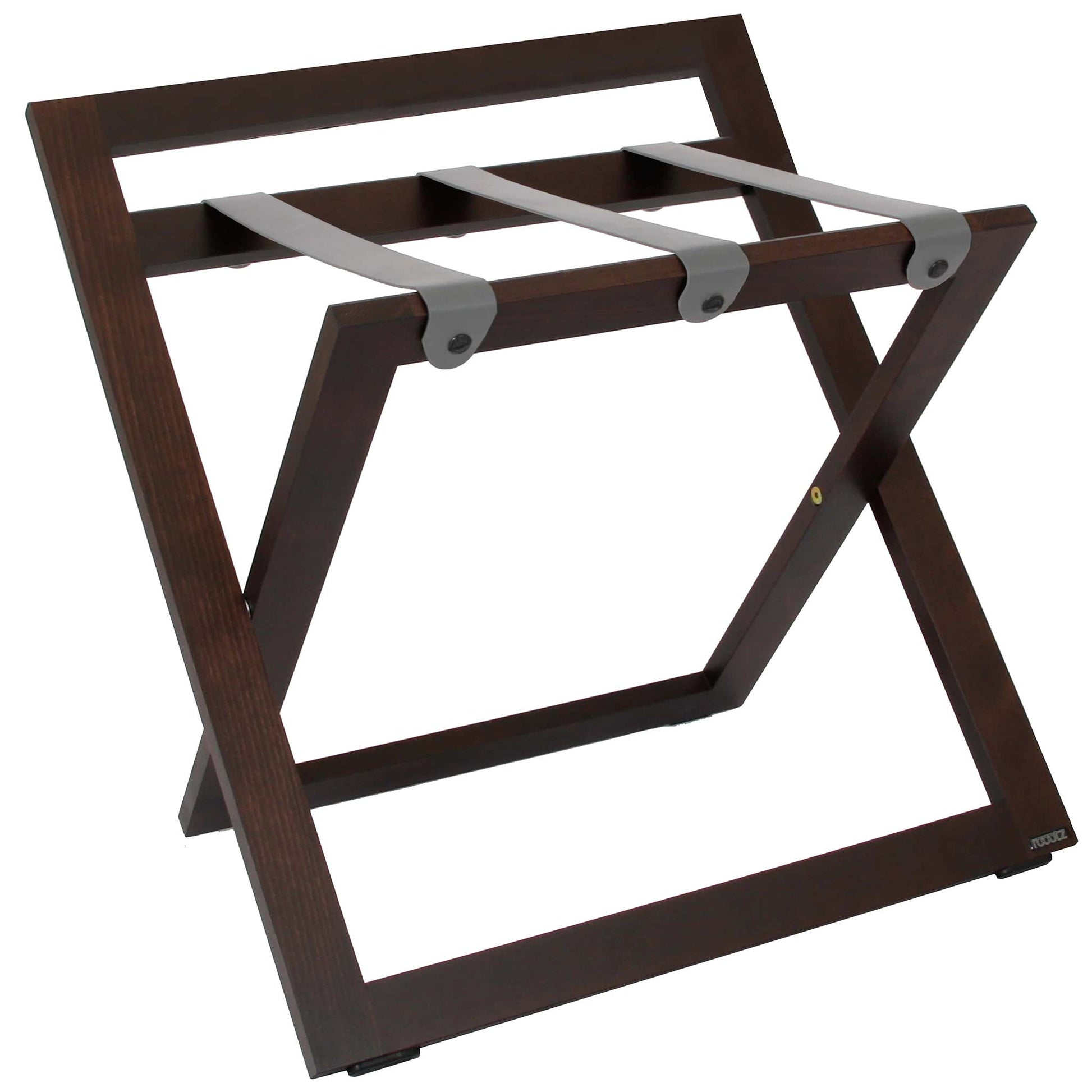 Roootz compact walnut wooden hotel luggage rack with grey leather straps and backstand