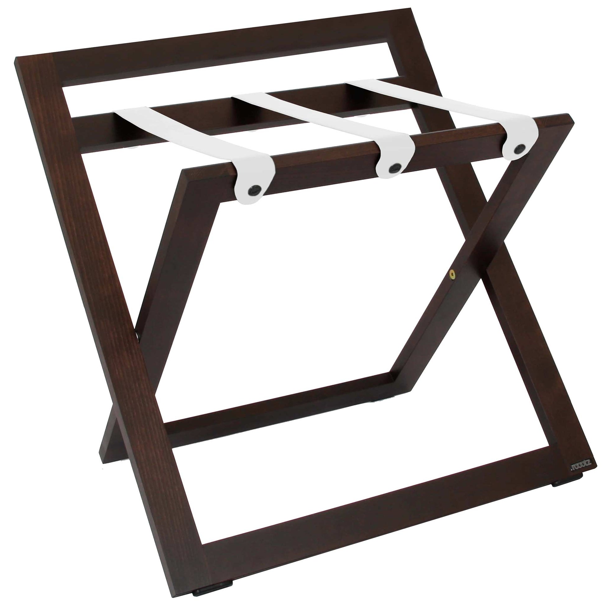 Roootz compact walnut wooden hotel luggage rack with white leather straps and backstand