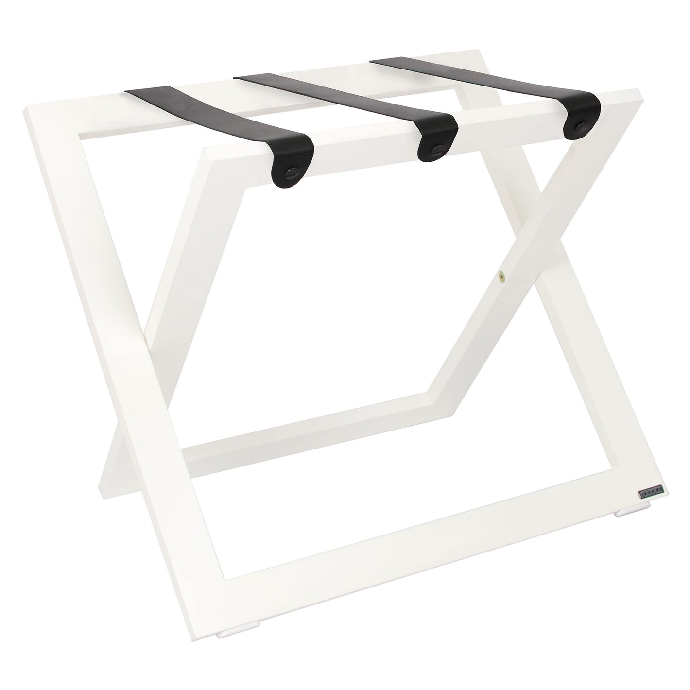 Roootz compact white wooden hotel luggage rack with black leather straps