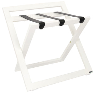 Roootz compact white wooden hotel luggage rack with black leather straps and backstand