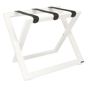 Roootz compact white wooden hotel luggage rack with black nylon straps