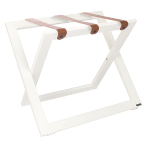 Roootz compact white wooden hotel luggage rack with brown leather straps