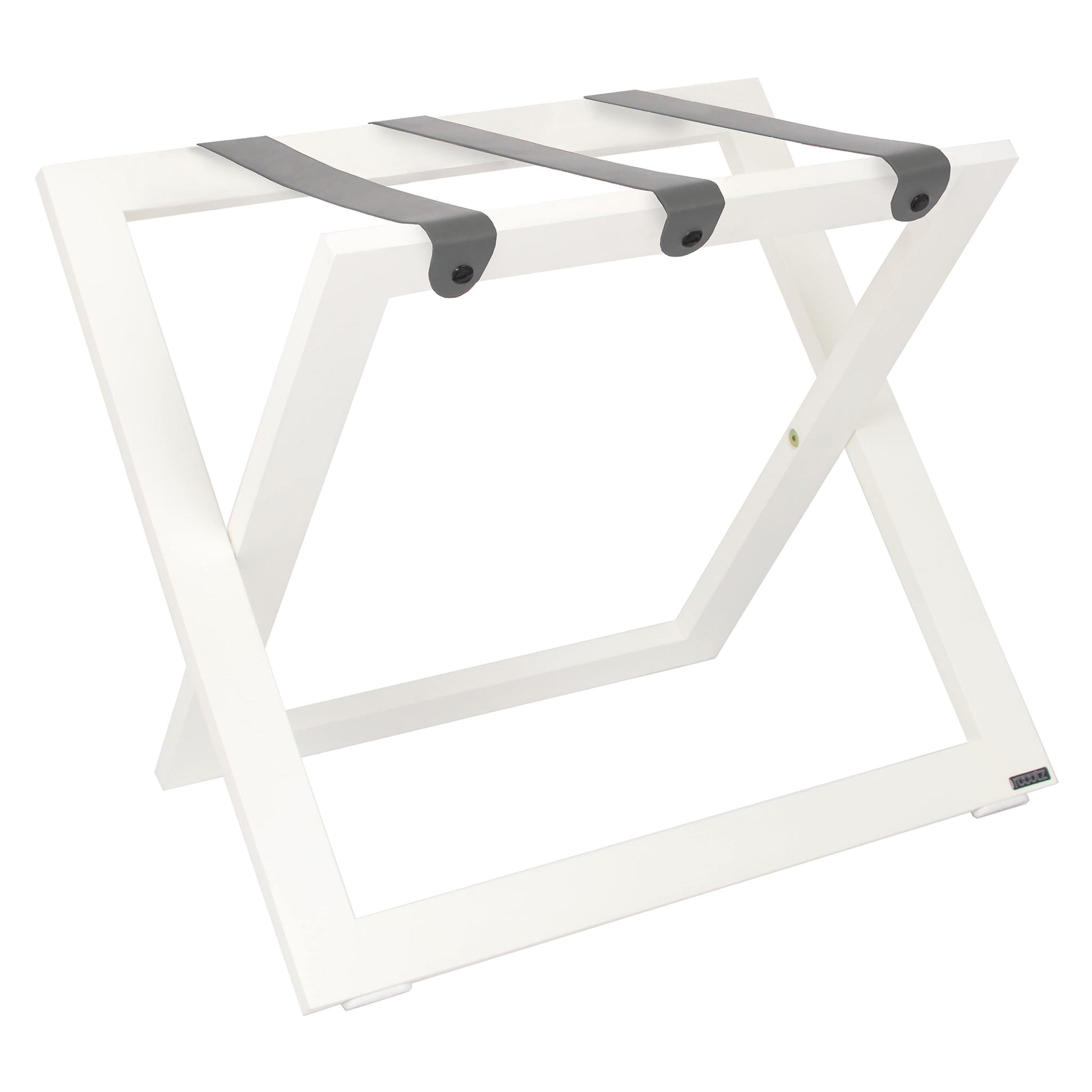 Roootz compact white wooden hotel luggage rack with grey leather straps