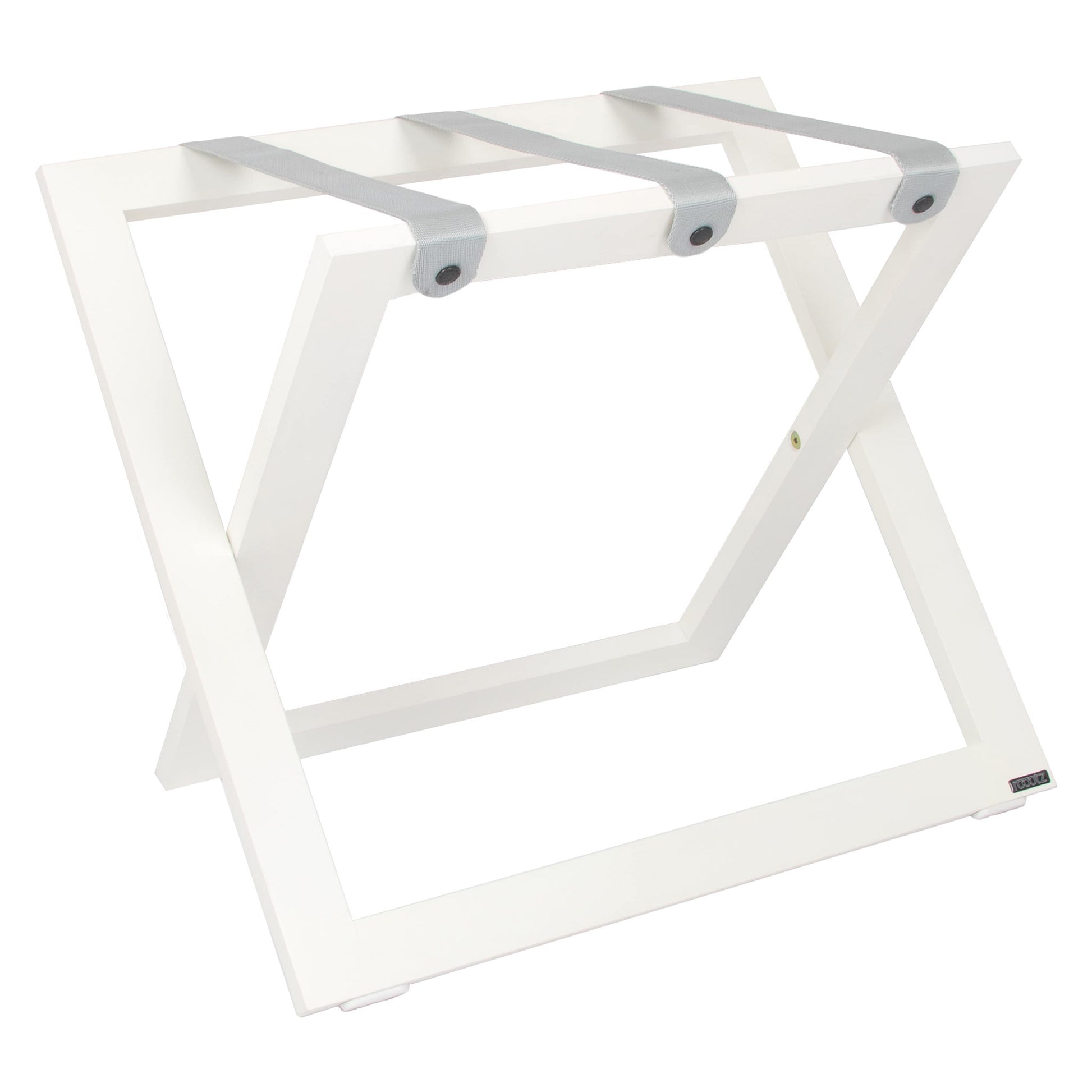 Roootz compact white wooden hotel luggage rack with grey nylon straps