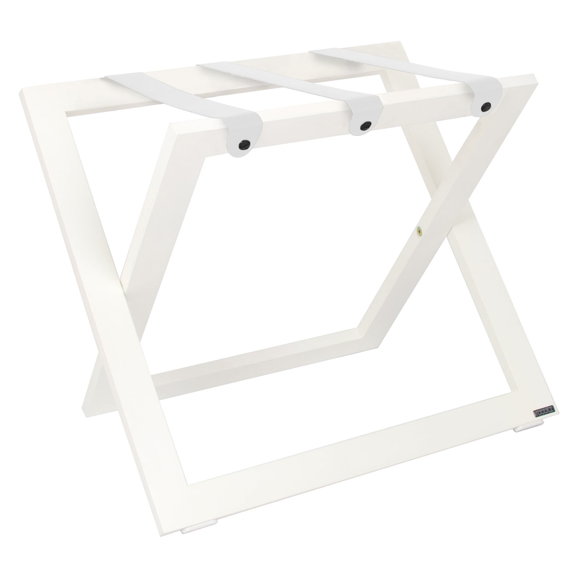 Roootz compact white wooden hotel luggage rack with white leather straps