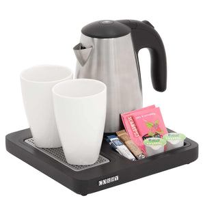 Corby Aintree welcome tray in black with Statesman kettle and mugs