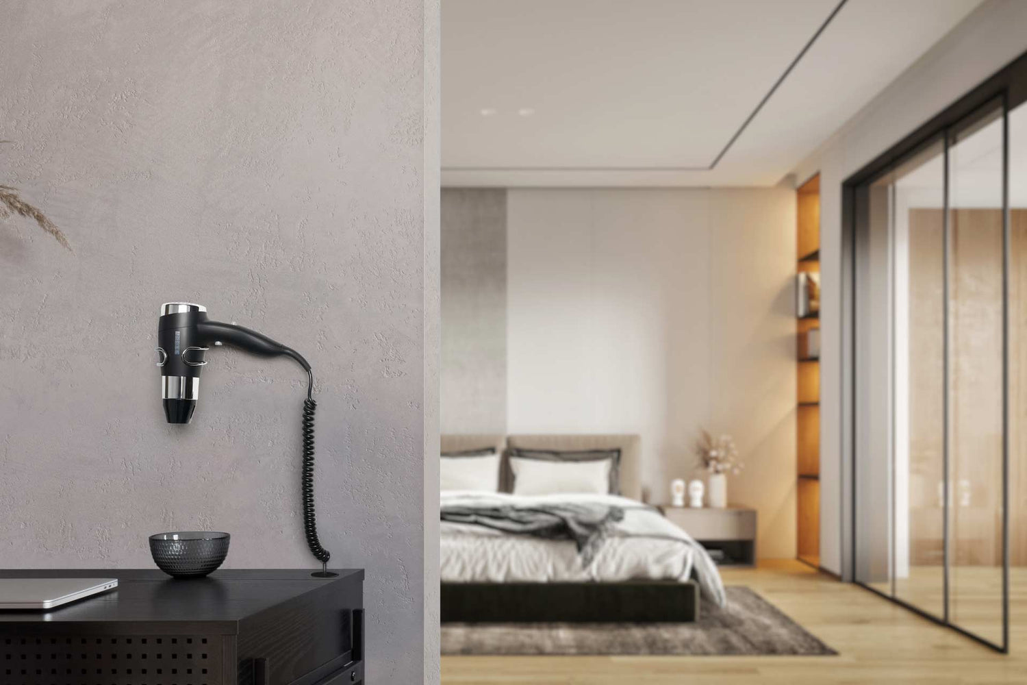 Essential hotel bedroom accessories collection featuring Corby hairdryers