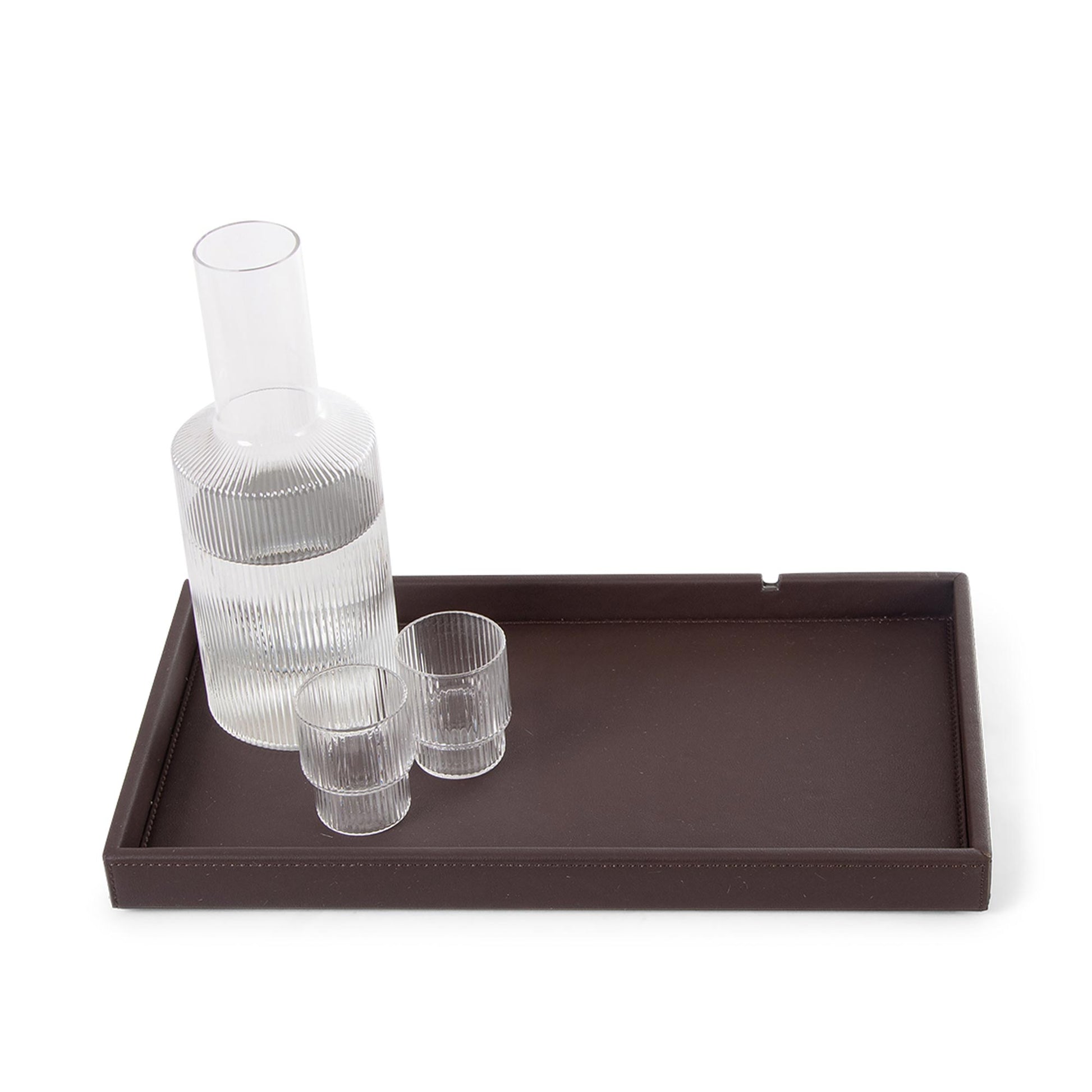 Bentley Etna brown leather hotel welcome tray with glassware