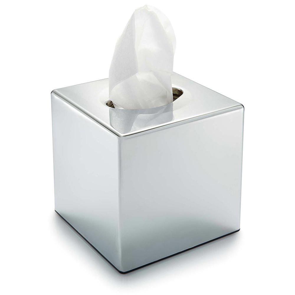 Hotel tissue box covers collection featuring a chrome cube cover