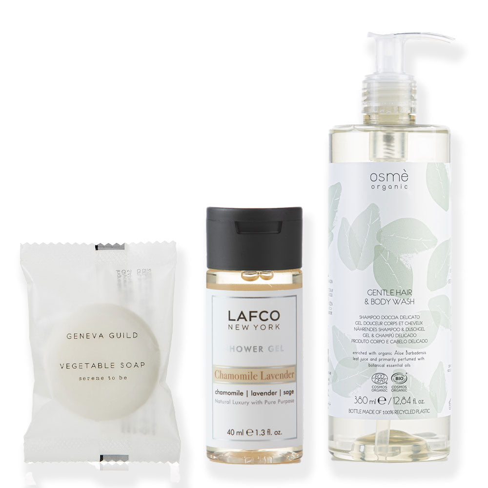 Hotel toiletries collection featuring Geneva Guild, Lafco and Osme Organic