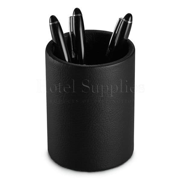 Black leather pen pot with black hotel pens inside