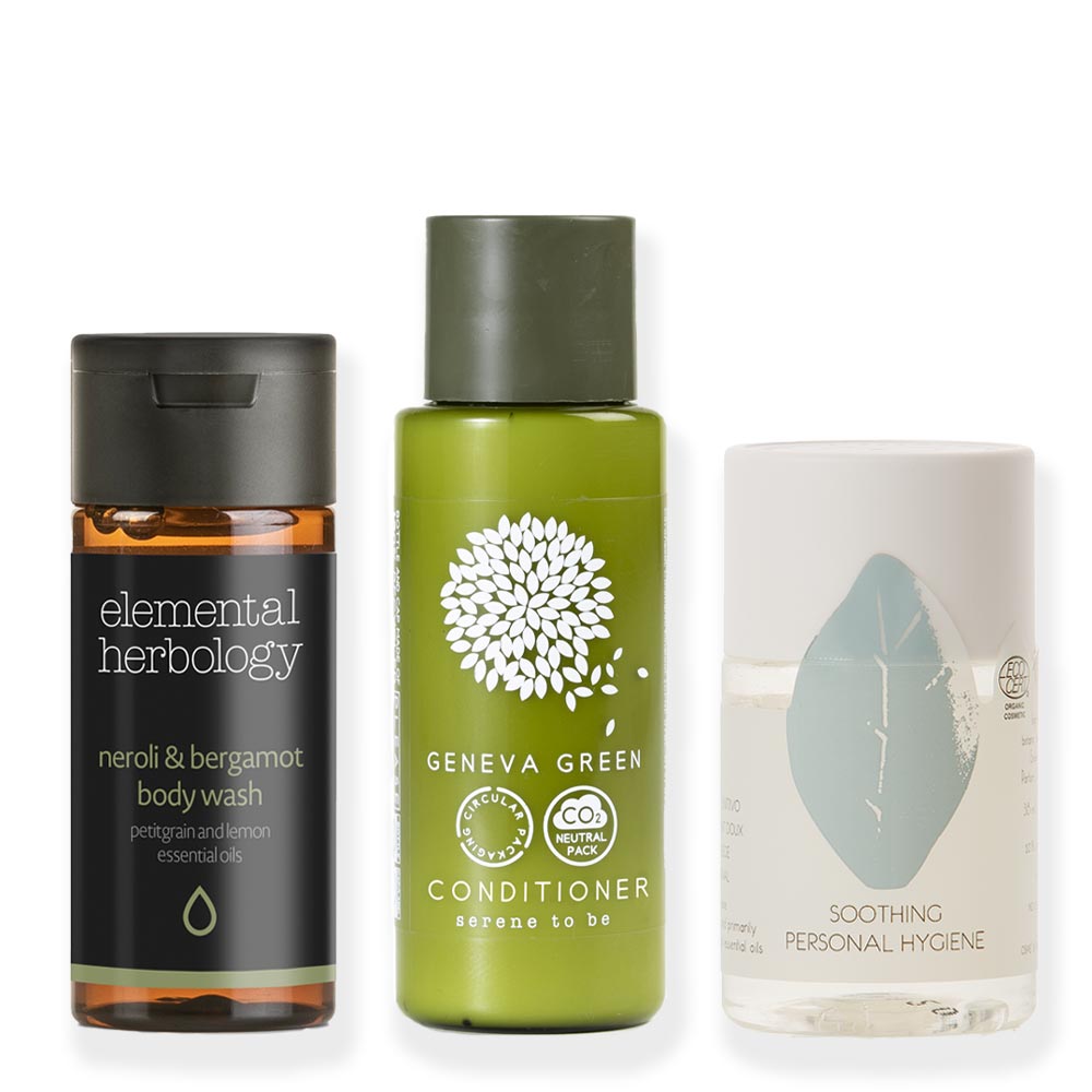 Miniature hotel toiletries collection featuring elemental herbology 