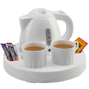 Northmace Classic white welcome tray with classic kettle and mugs