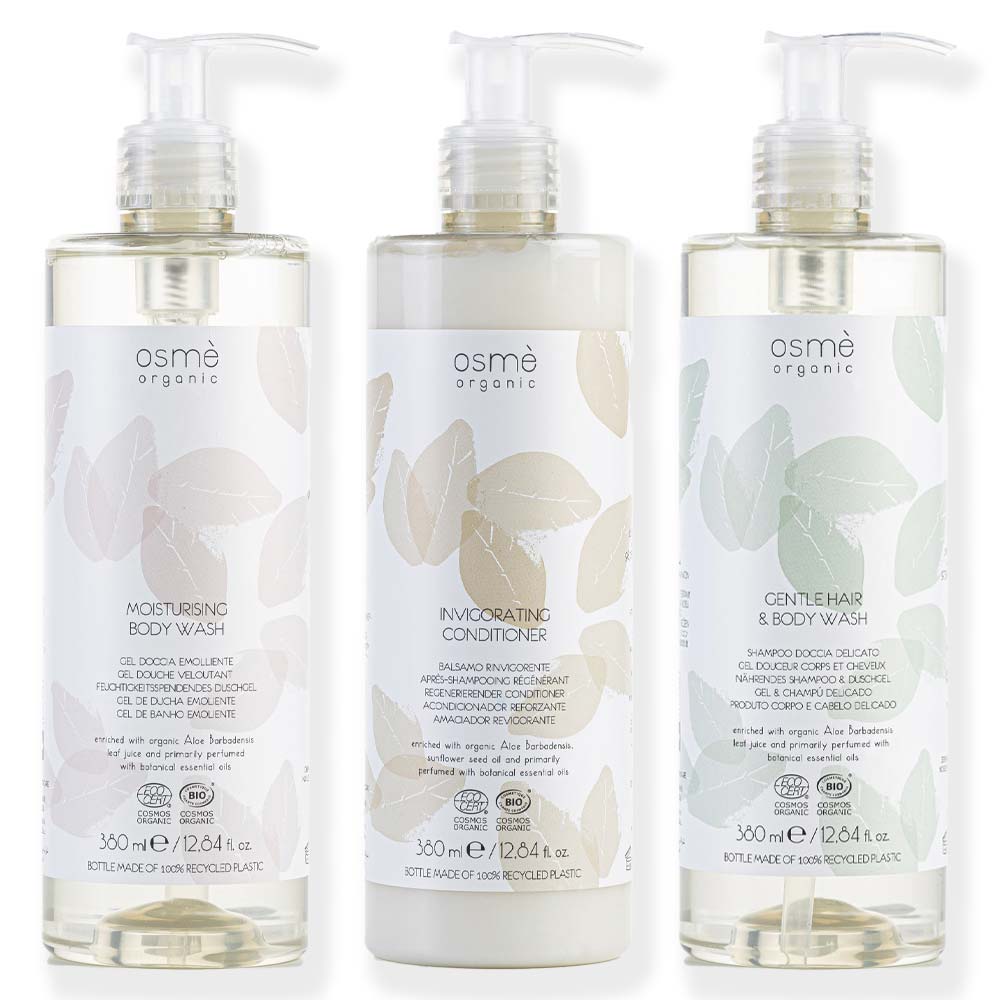 Osme Organic pump dispensers collection featuring body wash and conditioner