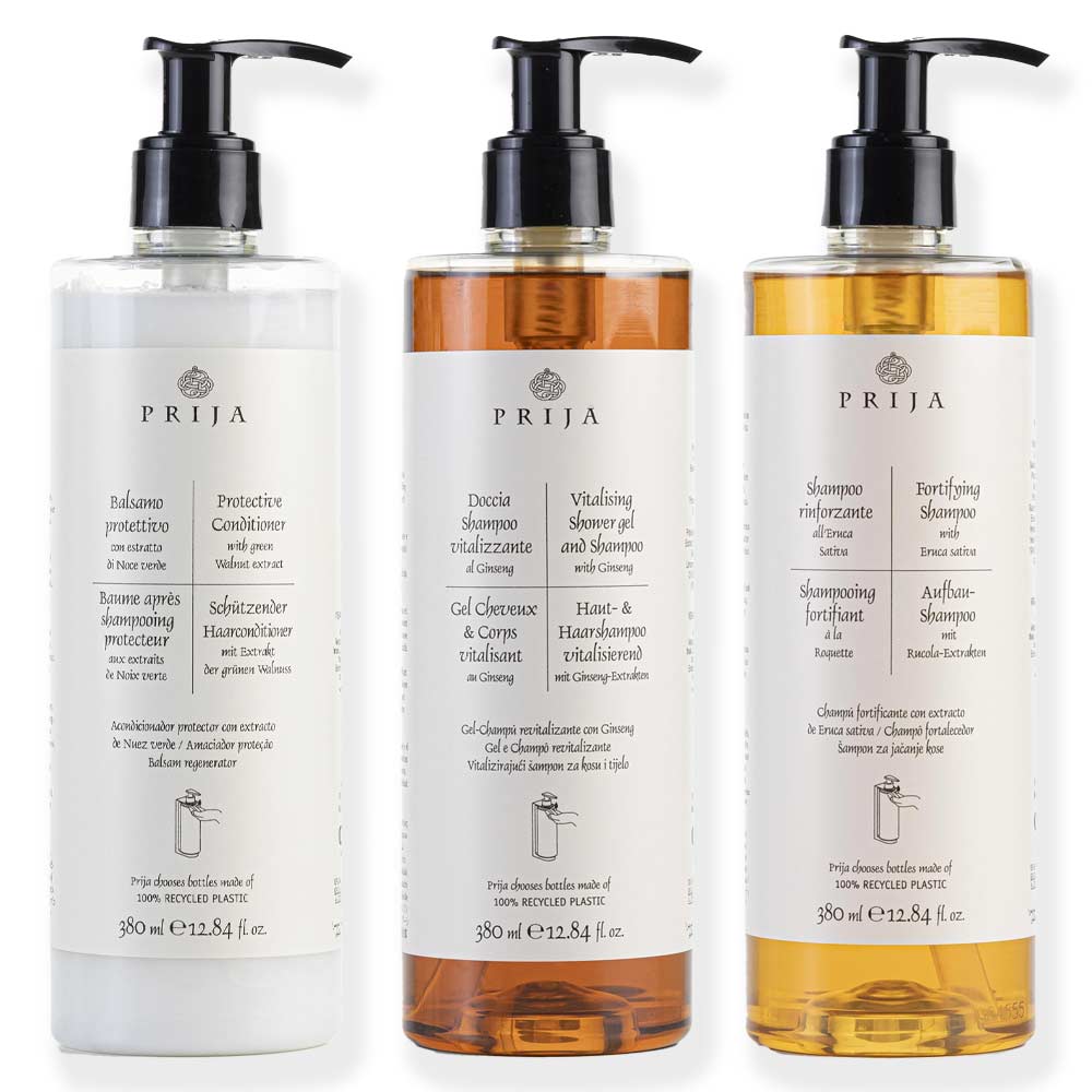 Prija pump dispensers collection featuring conditioner and shampoo