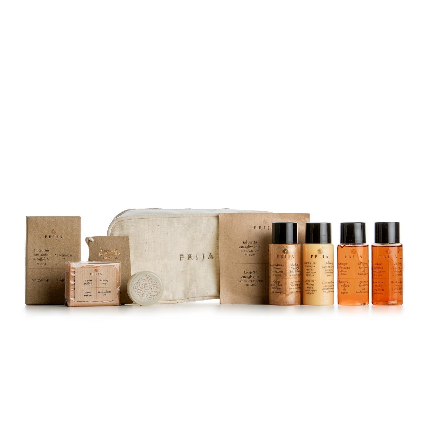 Prija luxury toiletry bag with contents including miniature toiletries