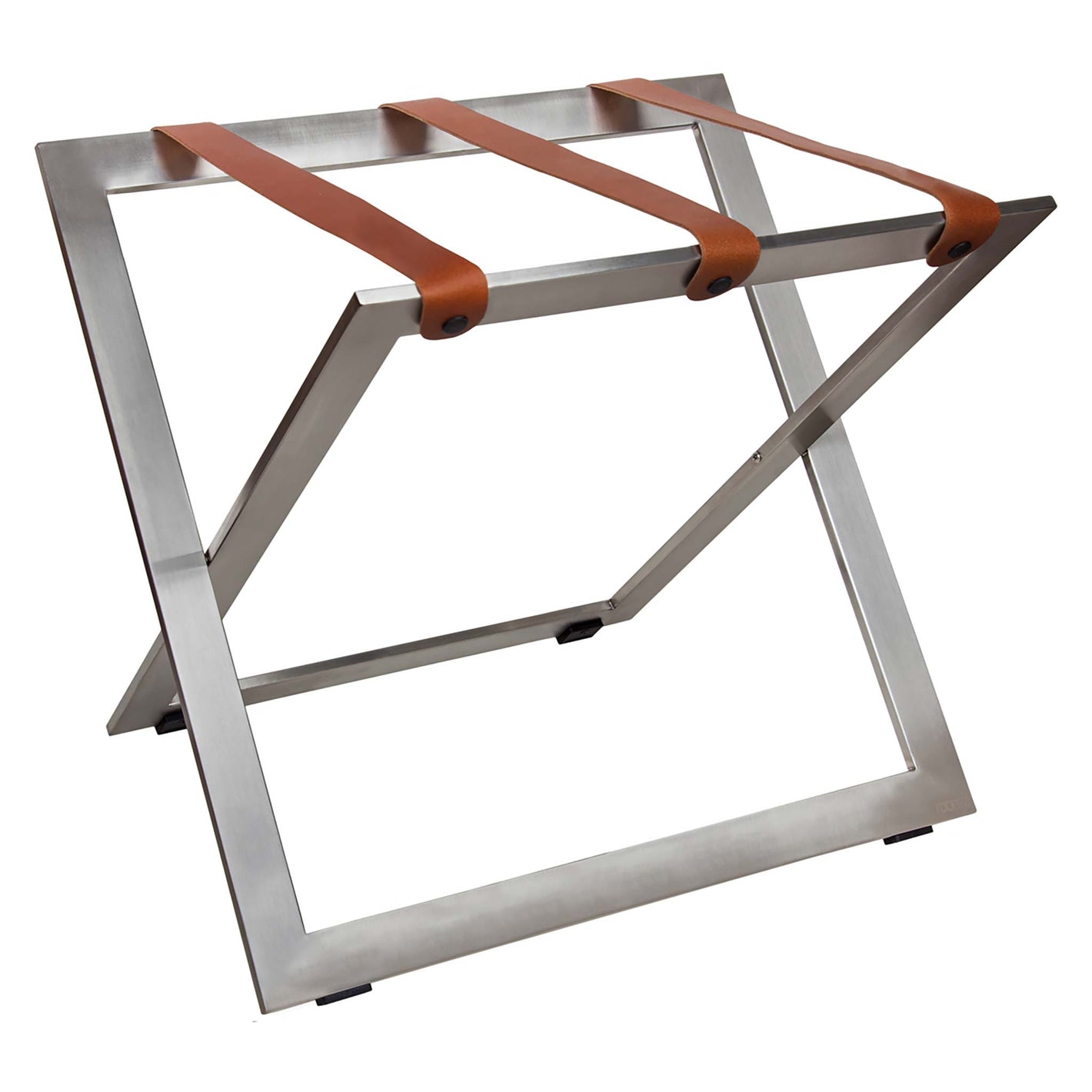 Roootz stainless steel compact hotel luggage rack with cognac brown leather straps
