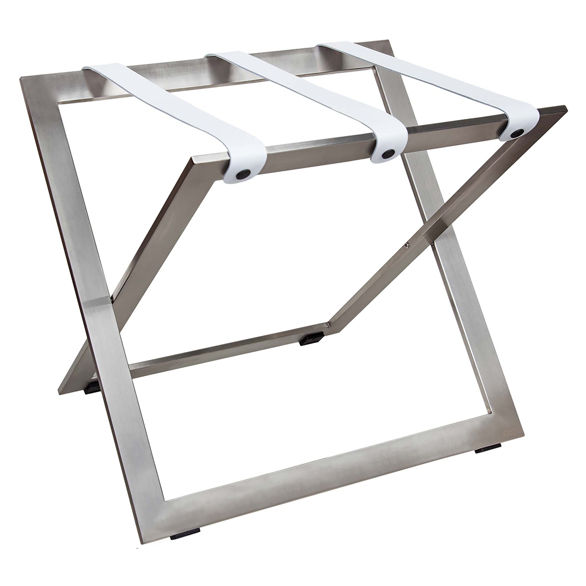 Roootz stainless steel compact hotel luggage rack with white leather straps