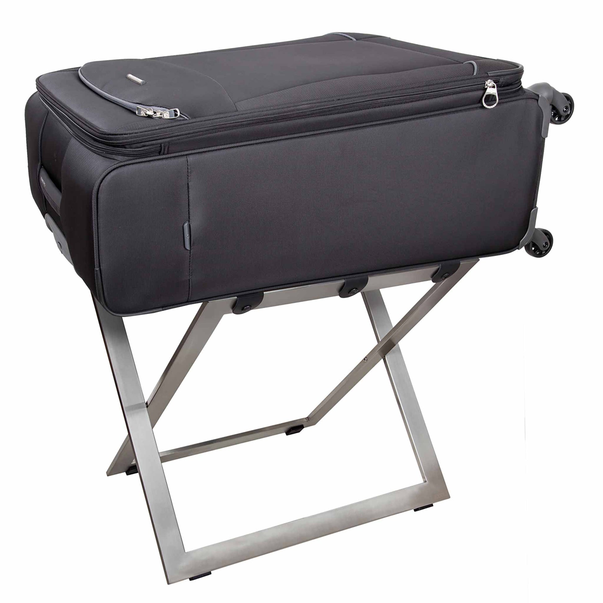 Suitcase on Roootz stainless steel compact hotel luggage rack with black leather straps