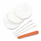 Contents of white box vanity kit including cotton buds, cotton pads and emery board