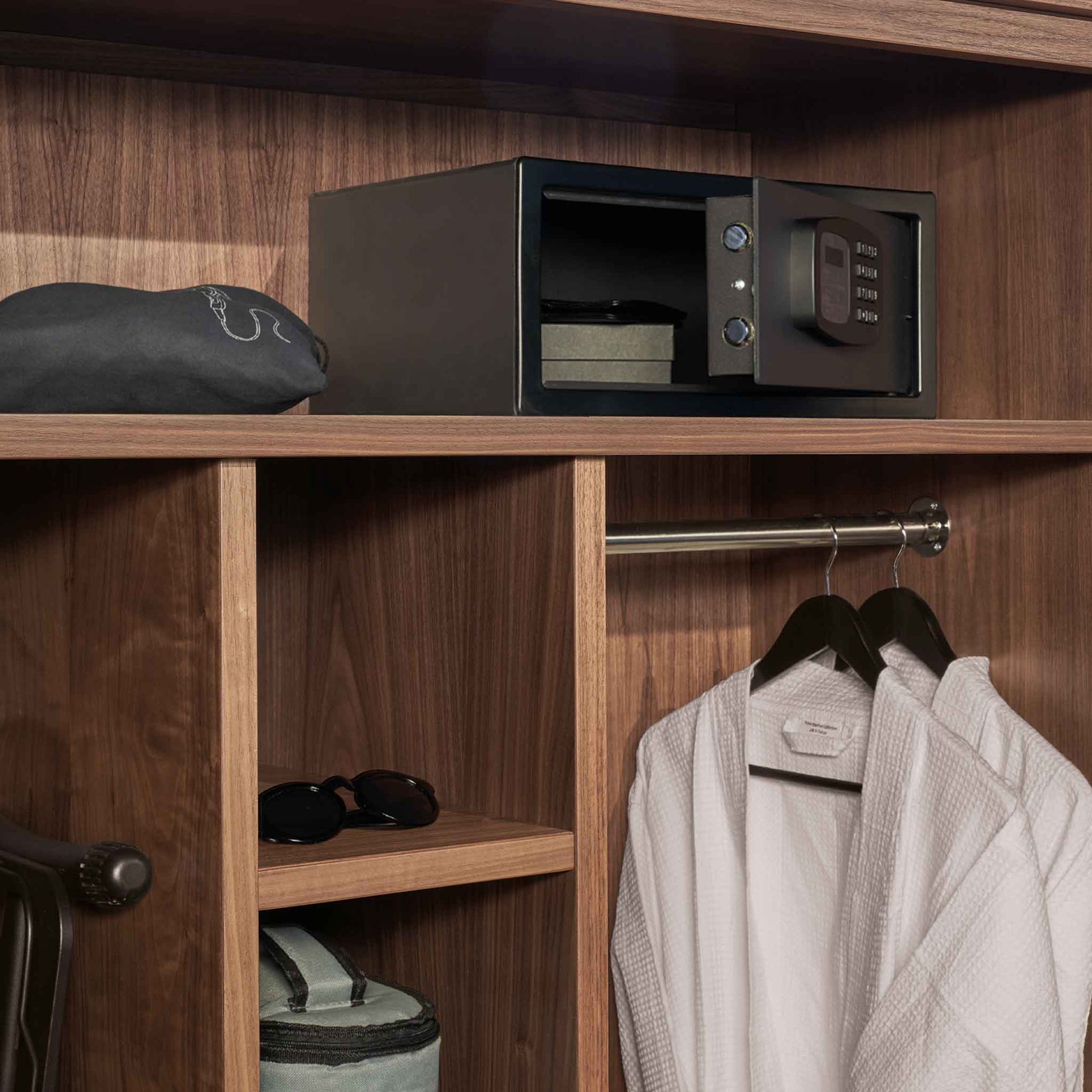Whitehall digital compact safe in hotel wardrobe