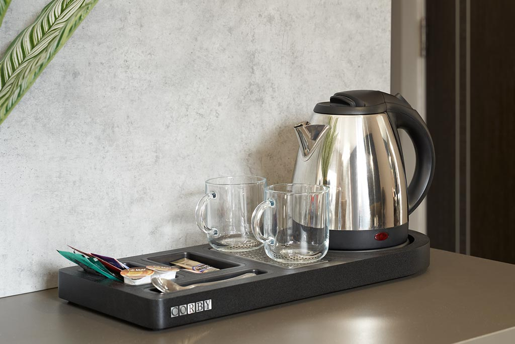 Hotel welcome tray with kettle
