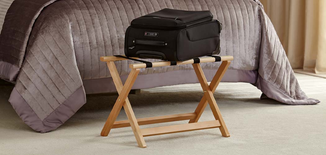 Hotel luggage racks featuring Corby folding wooden suitcase stands
