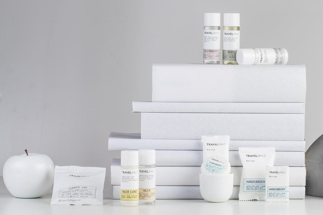Travelcare hotel and spa toiletries in white packaging